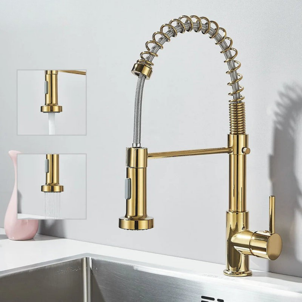 Robinet de cuisine extensible chromé à bec orientable, eau chaude et froide, douchette flexible, mitigeur de cuisine | Sansoti