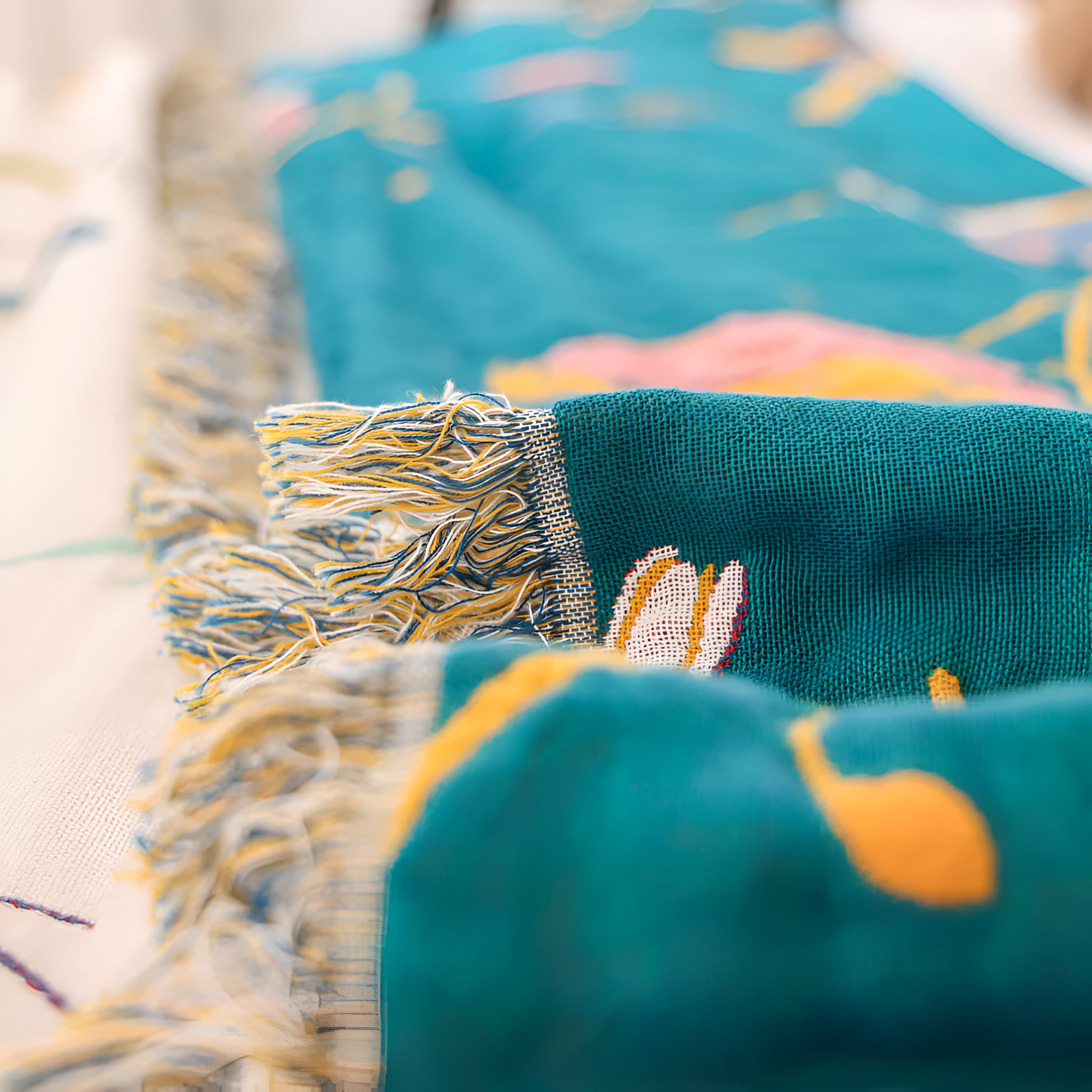 Katoenen Plaid met Vogelmotief en Kwastjes – Vintage Boho Stijl Deken voor Bank, Bed of Picknick | Sansoti