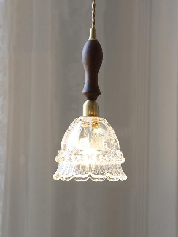 Franse Landelijke Hanglamp Glazen Kap Kwallen Design Transparant of Amber met Walnoot Greep Sfeerverlichting Eetkamer Elegante Plafondlamp | Sansoti