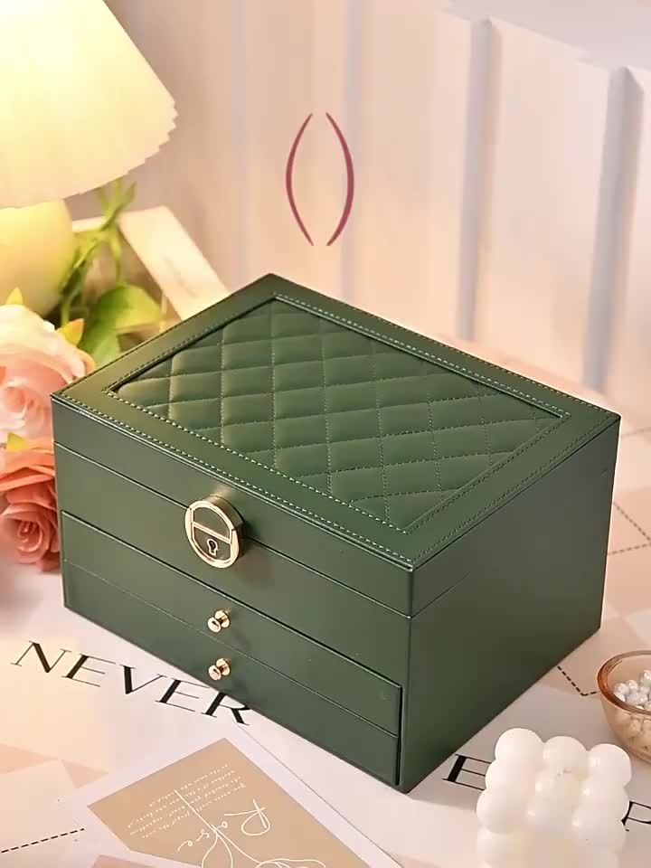 Sieradendoos Leer Met Lades PU Organizer Zwart Roze Groen 25cm | Sansoti