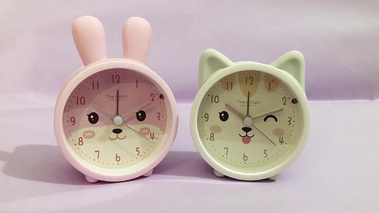 Stille Wekker voor Kinderen met Nachtlampje en Konijnmotief Roze Wit | Sansoti