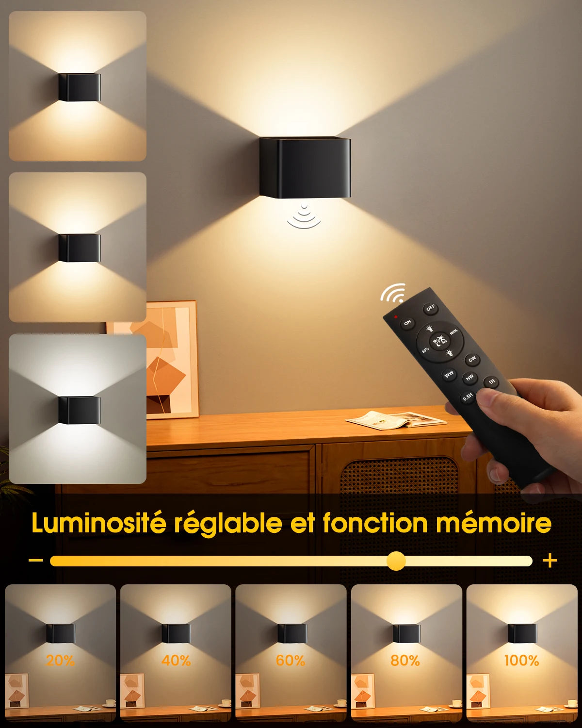 Rechargeable LED Wall Light Set with Motion Sensor, Remote Control, Wireless, Dimmable, 3 Light Settings, Night Light | Sansoti