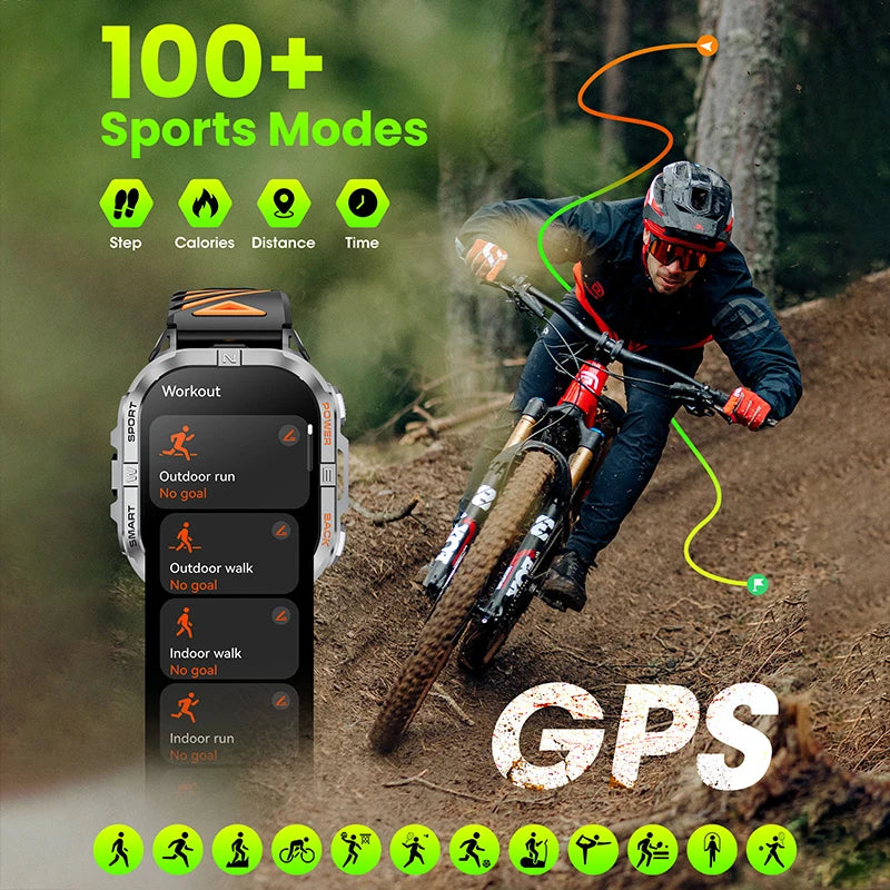 Rugged outdoor smartwatch with GPS compass and LED flashlight, black-orange, 2.13-inch AMOLED display for sports | Sansoti