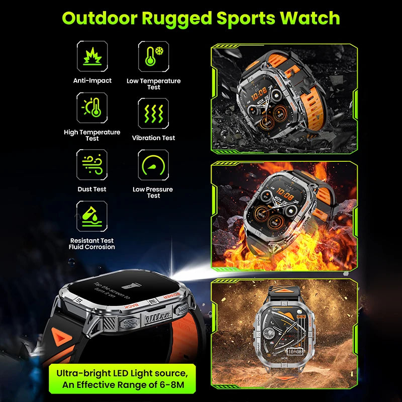 Rugged outdoor smartwatch with GPS compass and LED flashlight, black-orange, 2.13-inch AMOLED display for sports | Sansoti