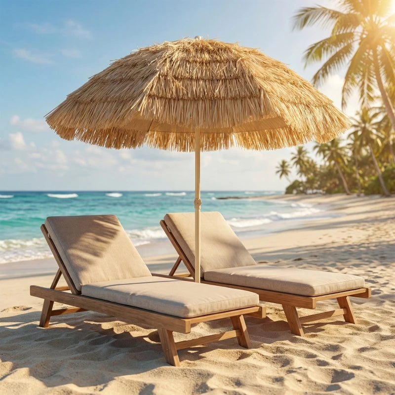 Parasol Zonnescherm Ø 185 cm Verstelbaar met Tropische Raffia Rand Khaki voor Tuin Terras Strand en Balkon | Sansoti