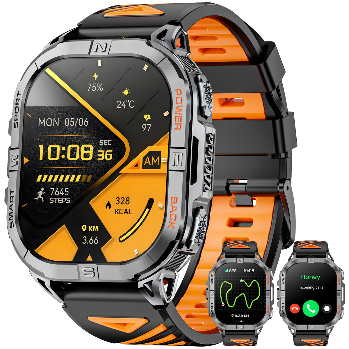 Rugged outdoor smartwatch with GPS compass and LED flashlight, black-orange, 2.13-inch AMOLED display for sports | Sansoti