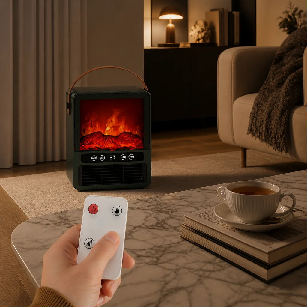Compact Ceramic Heater 3D Flame Effect Sound Tip-Over Protection Voice Control USB Bedroom Heater | Sansoti