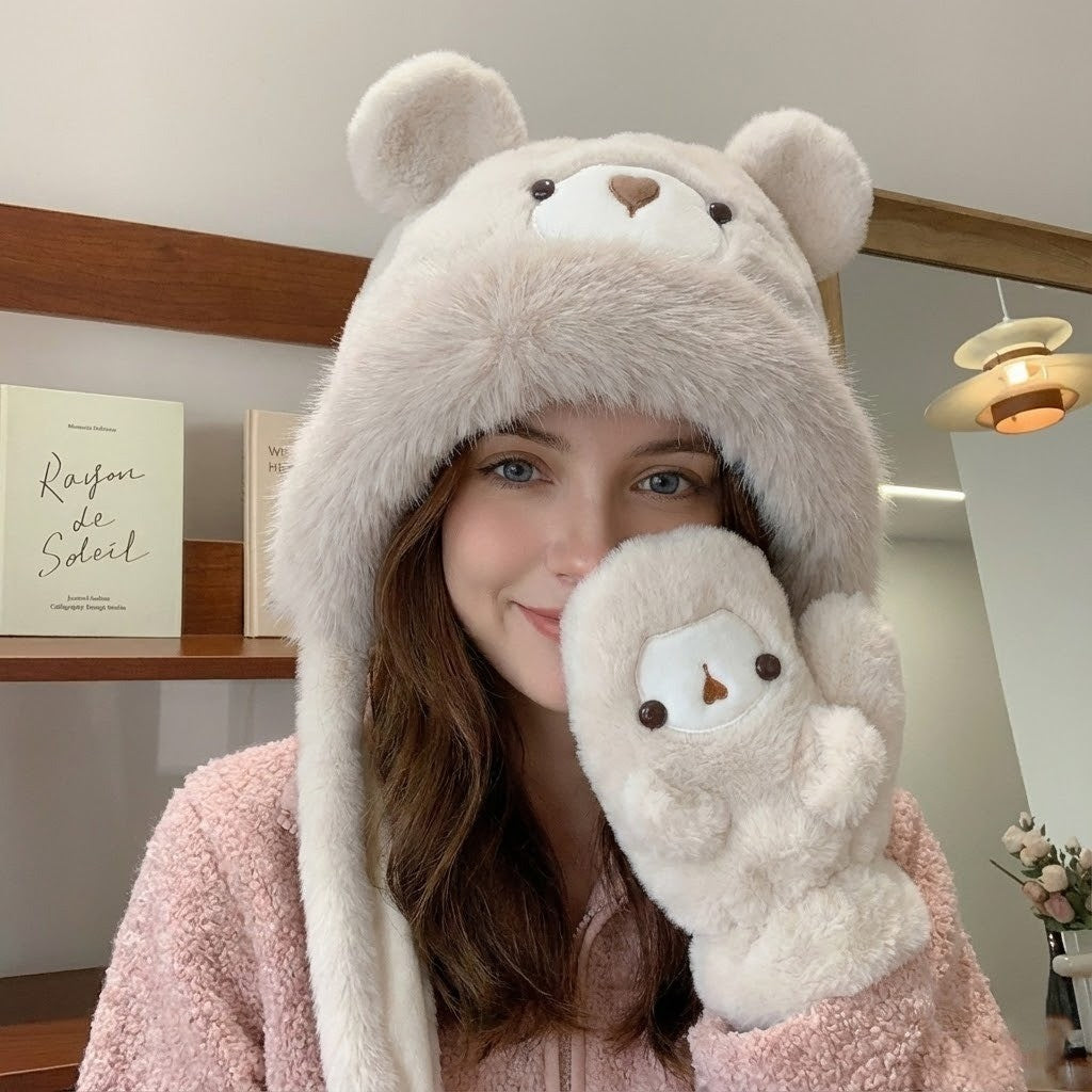 Plush Bear Hat with Ear Flaps Unisex Winter Hat Soft Knitted Fleece Lining Warm Headwear Outdoor | Sansoti