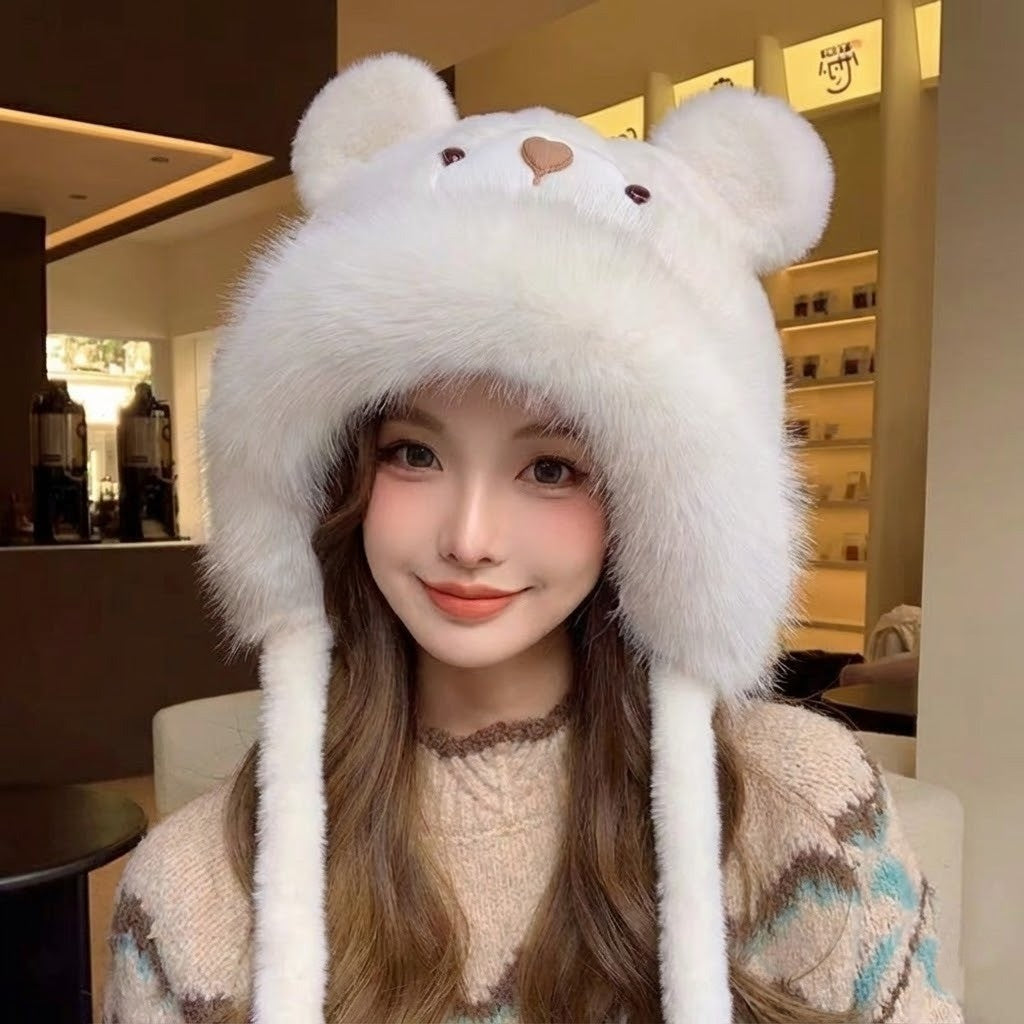 Plush Bear Hat with Ear Flaps Unisex Winter Hat Soft Knitted Fleece Lining Warm Headwear Outdoor | Sansoti