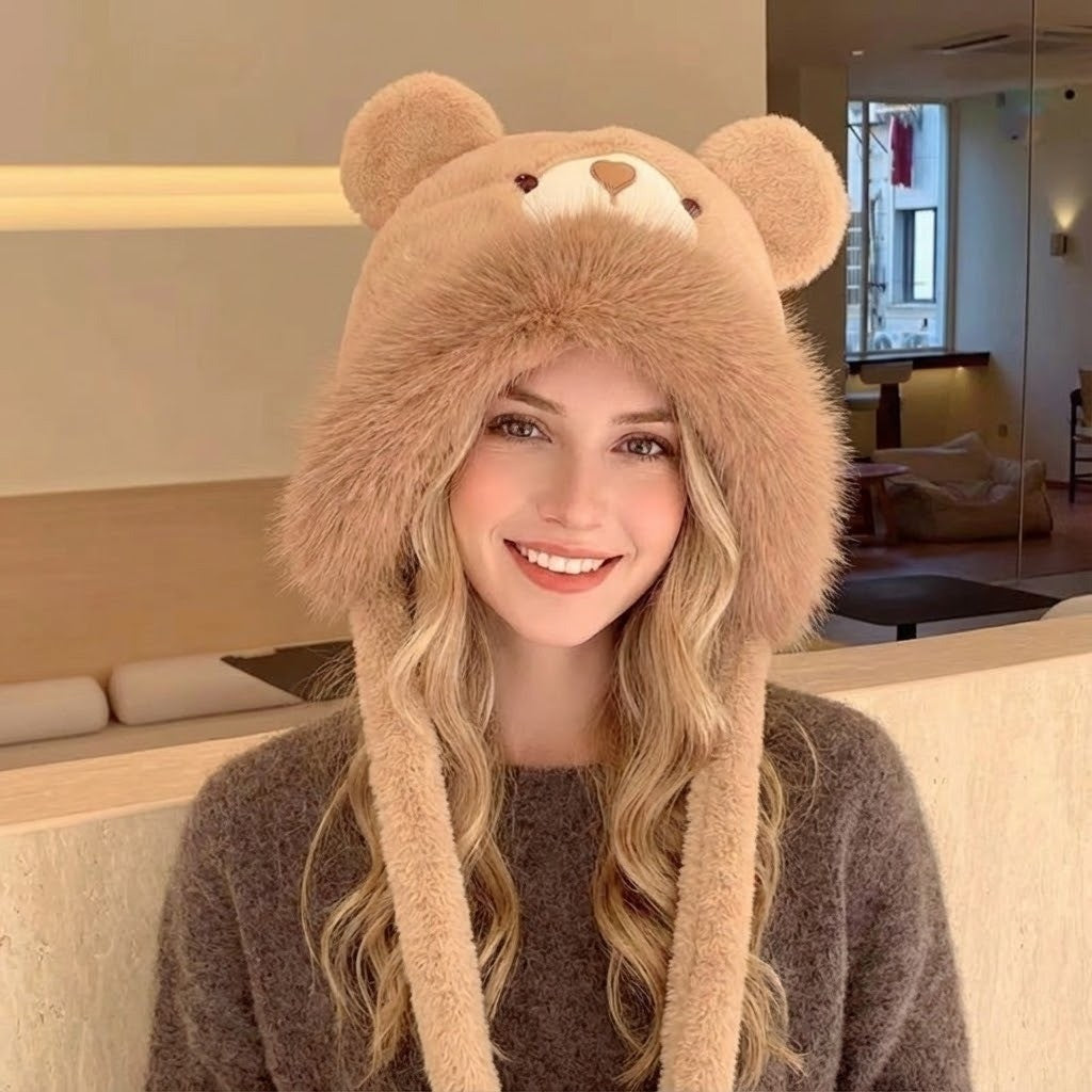 Plush Bear Hat with Ear Flaps Unisex Winter Hat Soft Knitted Fleece Lining Warm Headwear Outdoor | Sansoti