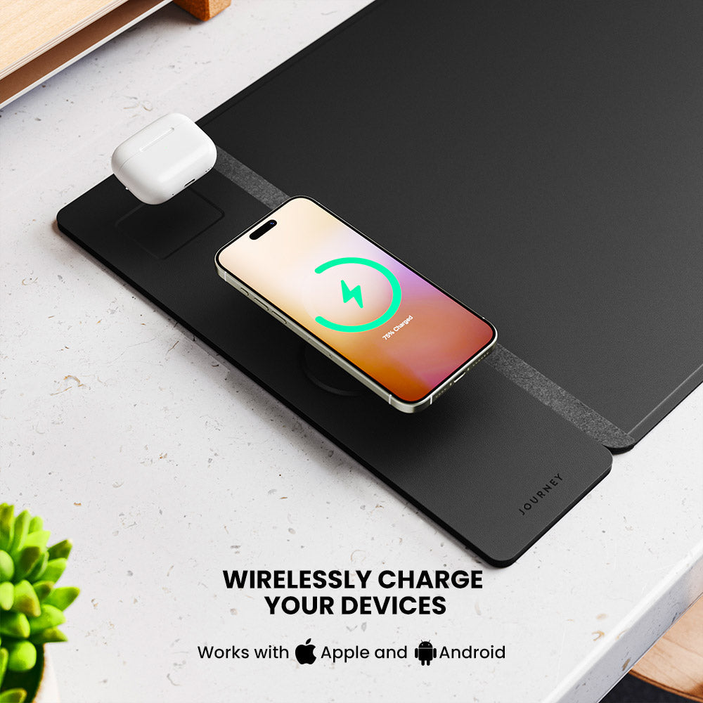 Wireless Rechargeable Desk Mat, Double-Sided Vegan Leather and Felt, Qi Smartphone and Earbuds Desk Organizer, Workspace | Sansoti