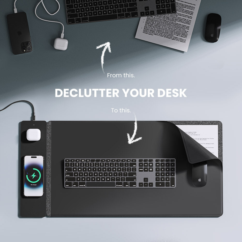 Wireless Rechargeable Desk Mat, Double-Sided Vegan Leather and Felt, Qi Smartphone and Earbuds Desk Organizer, Workspace | Sansoti
