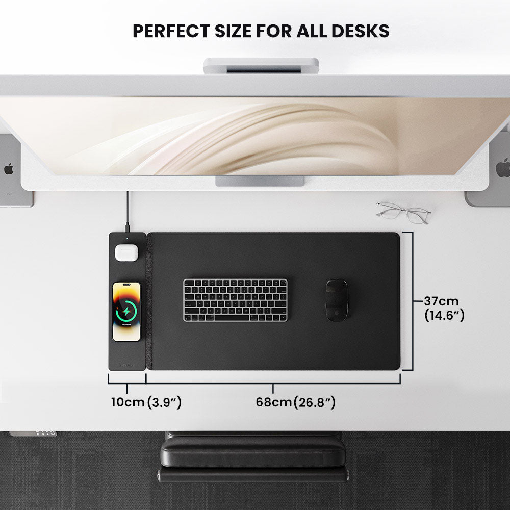Wireless Rechargeable Desk Mat, Double-Sided Vegan Leather and Felt, Qi Smartphone and Earbuds Desk Organizer, Workspace | Sansoti