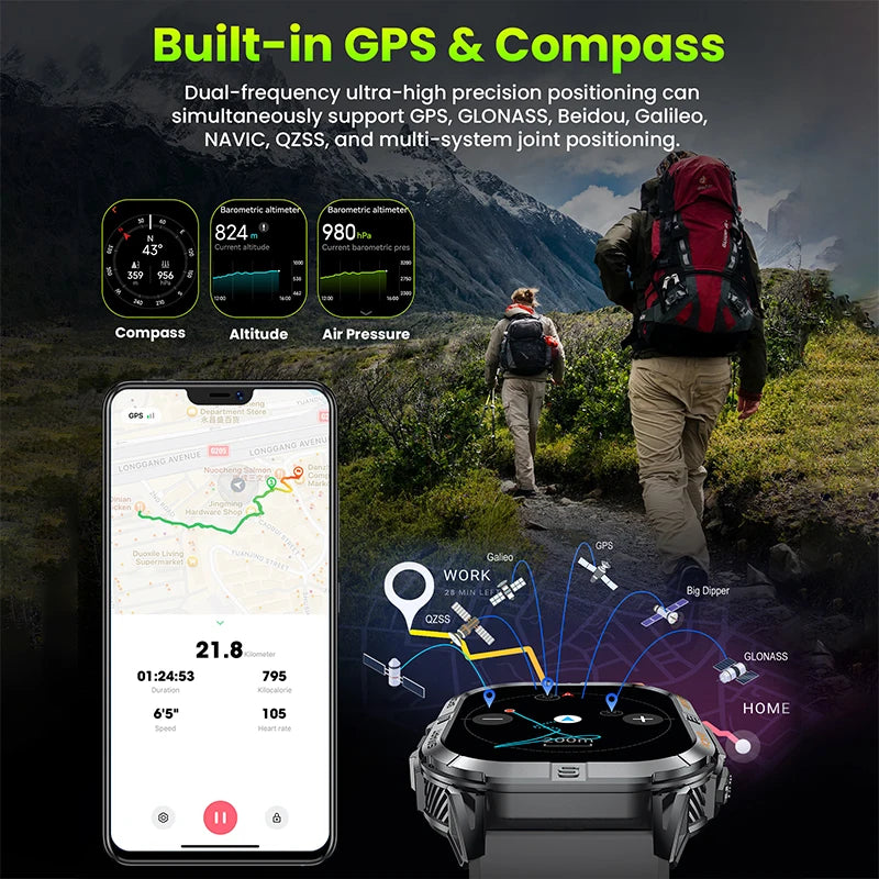 Rugged outdoor smartwatch with GPS compass and LED flashlight, black-orange, 2.13-inch AMOLED display for sports | Sansoti