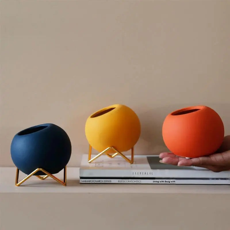 Decoratieve plantenpot keramiek met metalen standaard blauw woonkamer tafel plantenhouder vaasje interieur | Sansoti