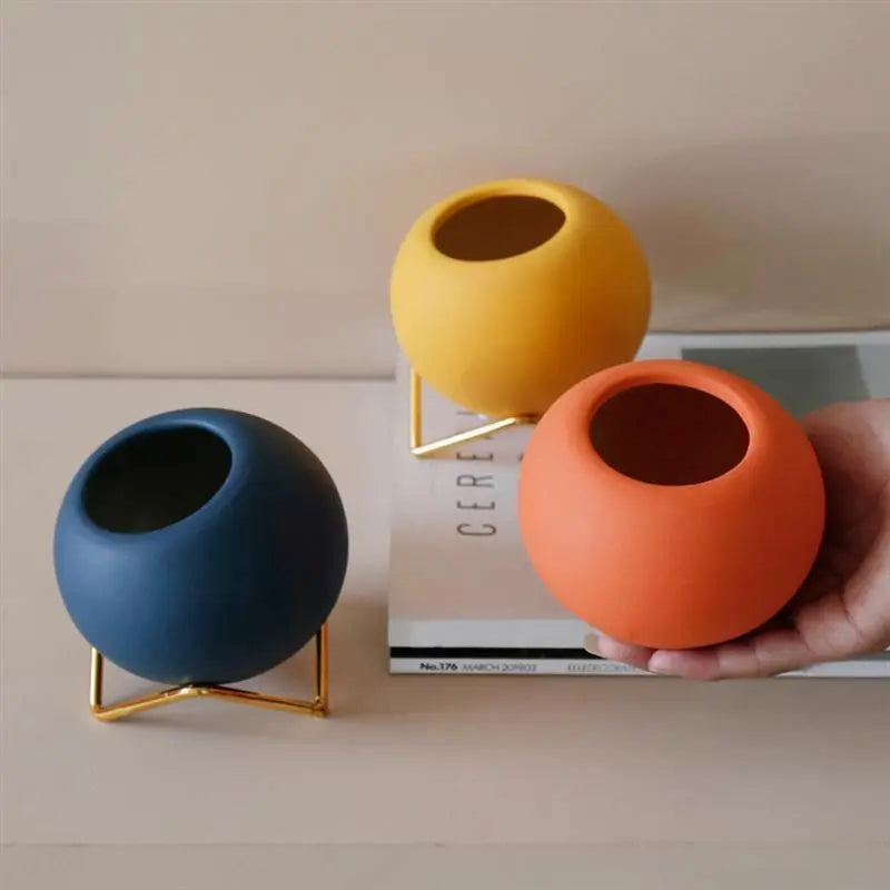 Decoratieve plantenpot keramiek met metalen standaard blauw woonkamer tafel plantenhouder vaasje interieur | Sansoti
