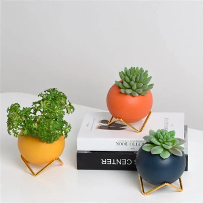 Decoratieve plantenpot keramiek met metalen standaard blauw woonkamer tafel plantenhouder vaasje interieur | Sansoti