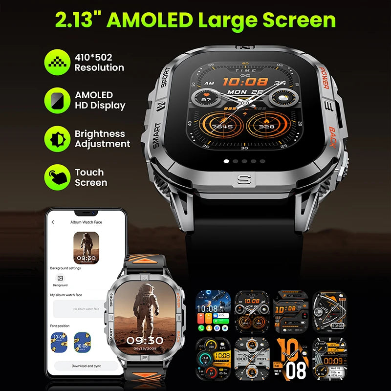 Rugged outdoor smartwatch with GPS compass and LED flashlight, black-orange, 2.13-inch AMOLED display for sports | Sansoti