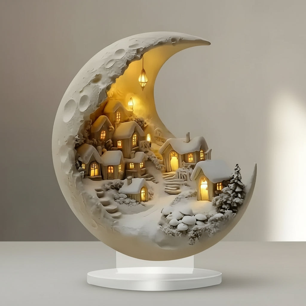 Dorpsscène Maanlicht Acryl Decoratief Object Transparant LED Sfeerverlichting Woonkamer Vensterbank 20x17cm | Sansoti