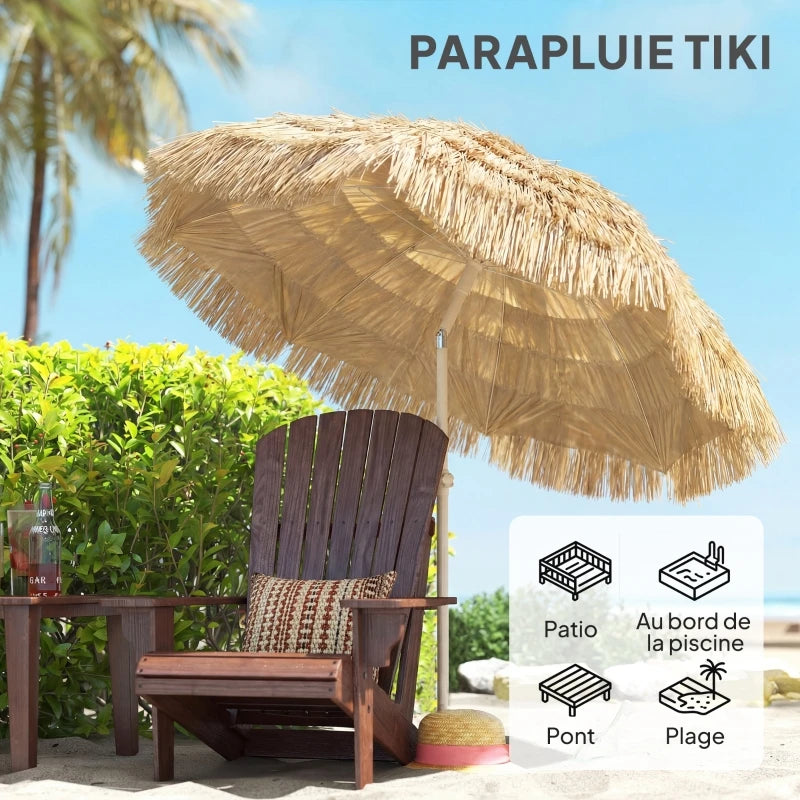 Parasol Zonnescherm Ø 185 cm Verstelbaar met Tropische Raffia Rand Khaki voor Tuin Terras Strand en Balkon | Sansoti