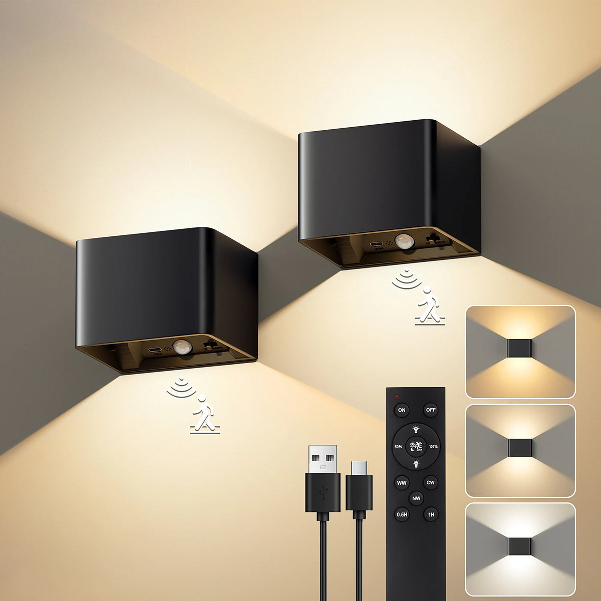 Rechargeable LED Wall Light Set with Motion Sensor, Remote Control, Wireless, Dimmable, 3 Light Settings, Night Light | Sansoti