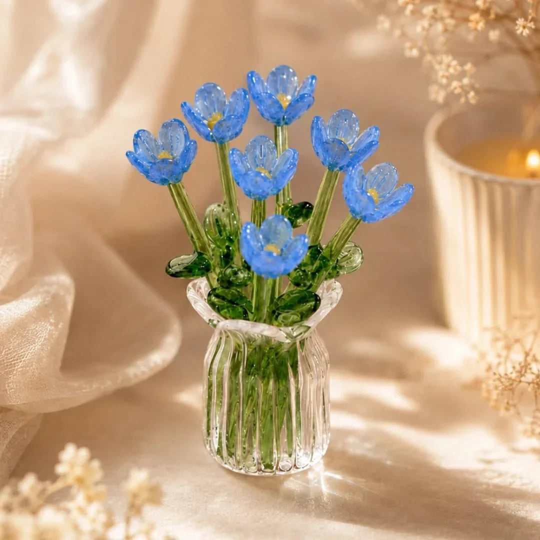 Glasblumenstrauß mit Miniaturvase, 7-teilig, handgefertigtes dekoratives Kunstglas, Wohnzimmer-, Tisch- und Raumdekoration | Sansoti