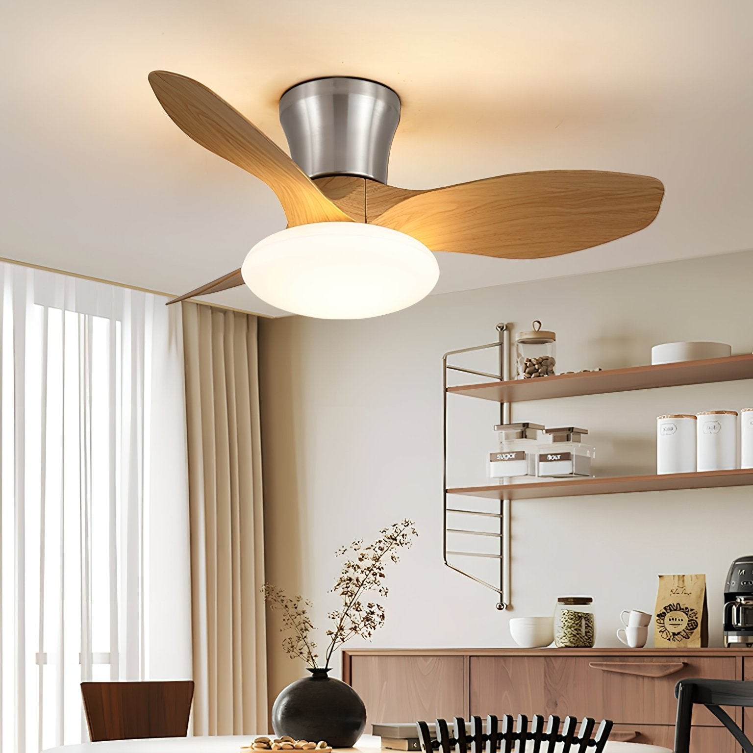 Ventilateur de plafond design moderne avec éclairage LED | Pales en bois | Sansoti