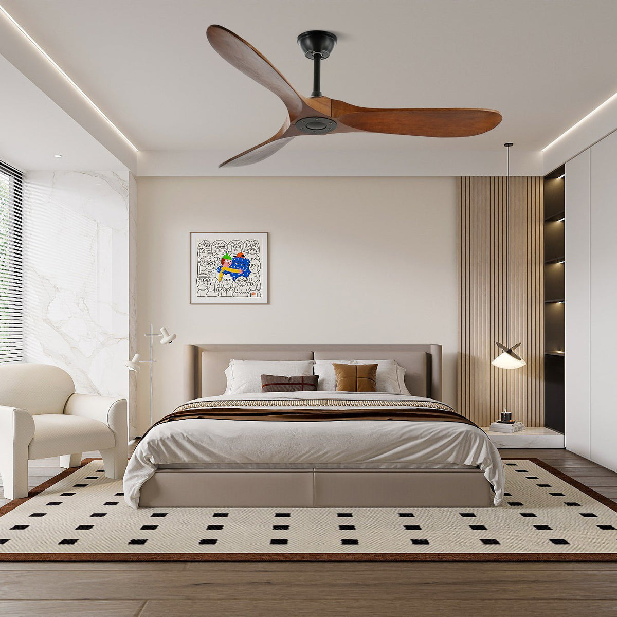 Ventilateur de plafond en bois avec éclairage LED 106cm 132cm télécommande 6 vitesses lampe ventilateur moderne | Sansoti