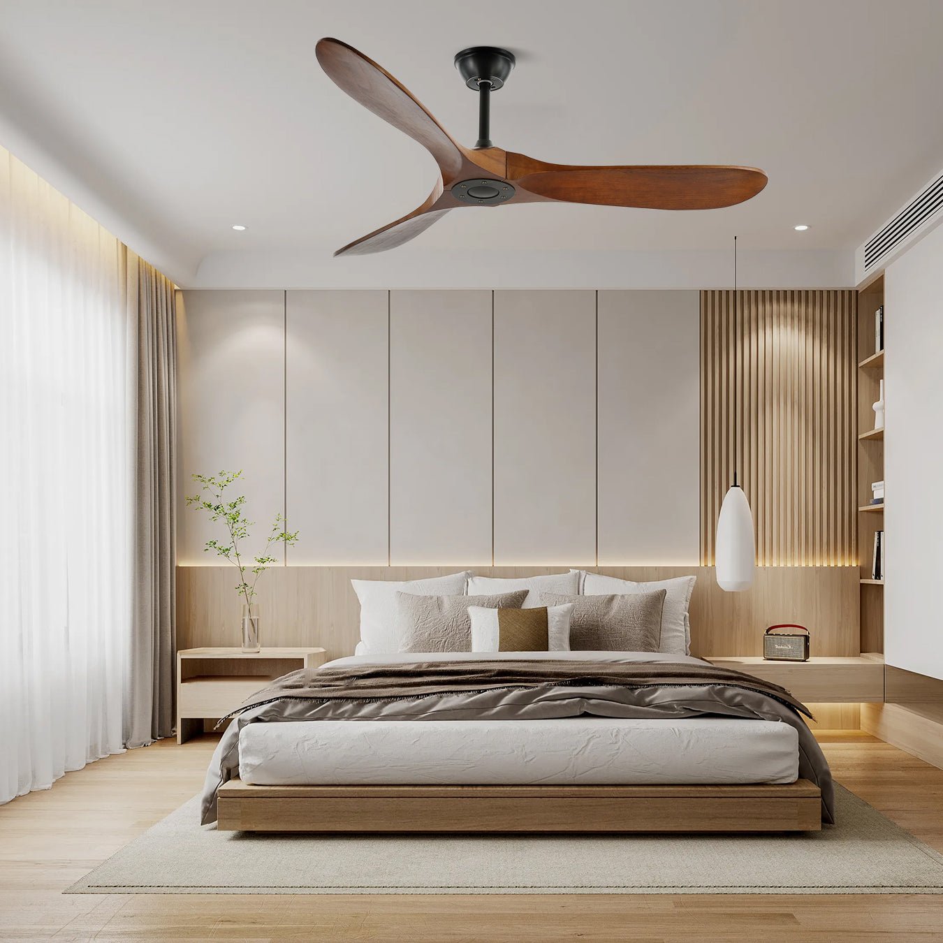 Plafondventilator met Houten Bladen en Stille DC Motor 106-132cm 6 Snelheden Afstandsbediening Klimaatbeheersing voor Woonkamer Slaapkamer Ventilatie | Sansoti