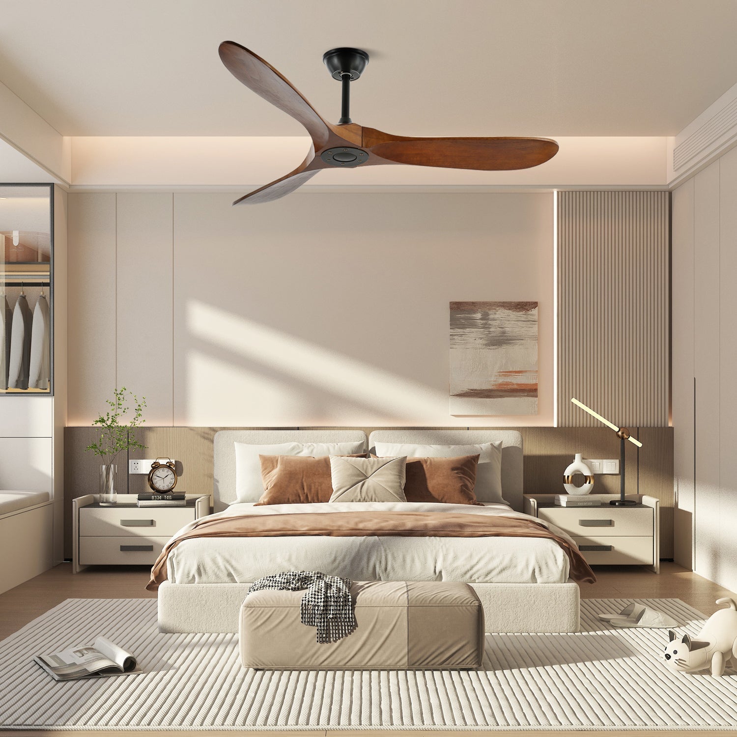 Plafondventilator met Houten Bladen en Stille DC Motor 106-132cm 6 Snelheden Afstandsbediening Klimaatbeheersing voor Woonkamer Slaapkamer Ventilatie | Sansoti