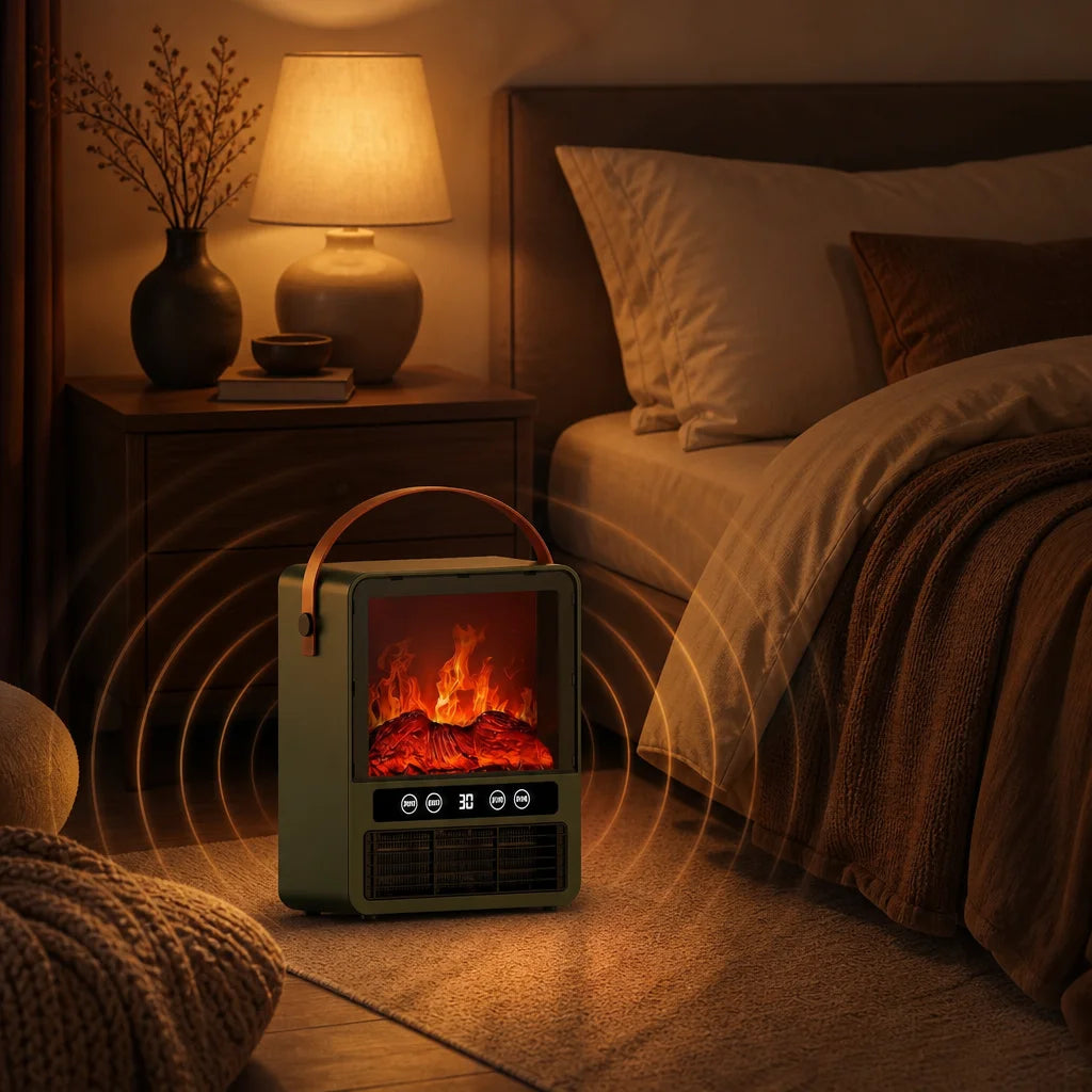 Compact Ceramic Heater 3D Flame Effect Sound Tip-Over Protection Voice Control USB Bedroom Heater | Sansoti