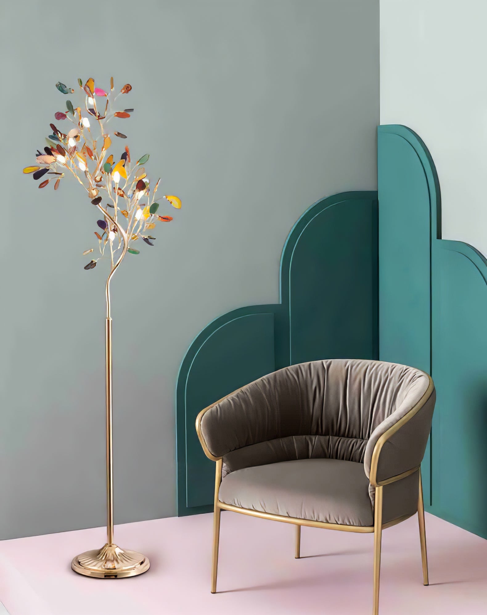 Agaat Vloerlamp – 8-Lampen Boomvorm Natuursteen Sculptuur 175 cm Koperen Finish Stained-Glass Effect Amber Blauw Groen Roze Paars Multicolor Statement Piece | Sansoti
