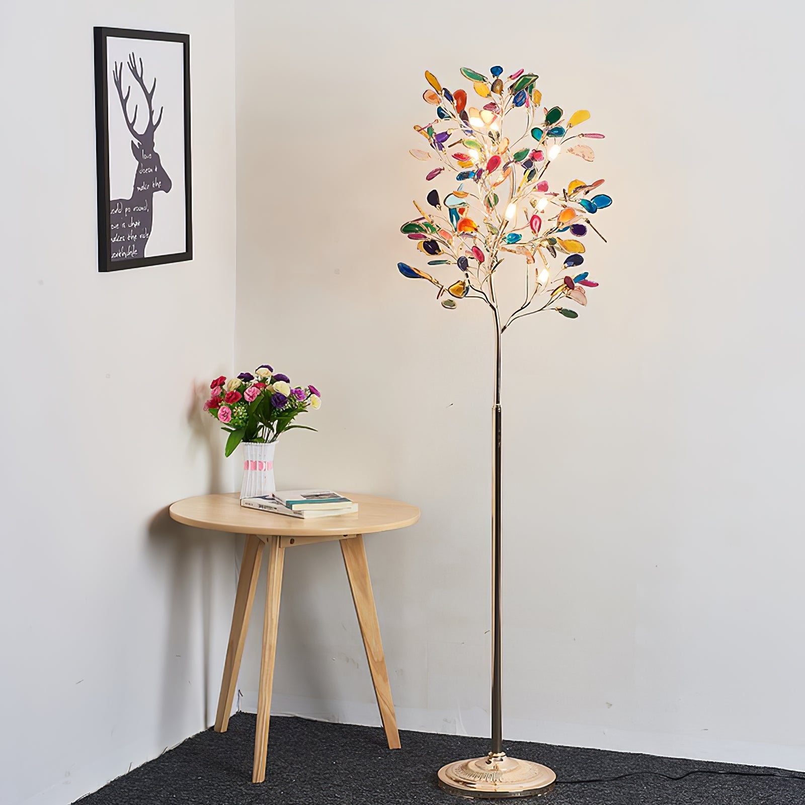 Agaat Vloerlamp – 8-Lampen Boomvorm Natuursteen Sculptuur 175 cm Koperen Finish Stained-Glass Effect Amber Blauw Groen Roze Paars Multicolor Statement Piece | Sansoti