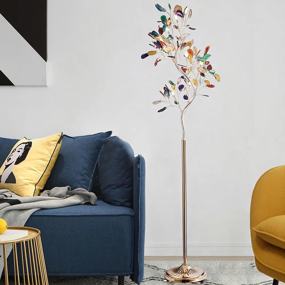 Agaat Vloerlamp – 8-Lampen Boomvorm Natuursteen Sculptuur 175 cm Koperen Finish Stained-Glass Effect Amber Blauw Groen Roze Paars Multicolor Statement Piece | Sansoti