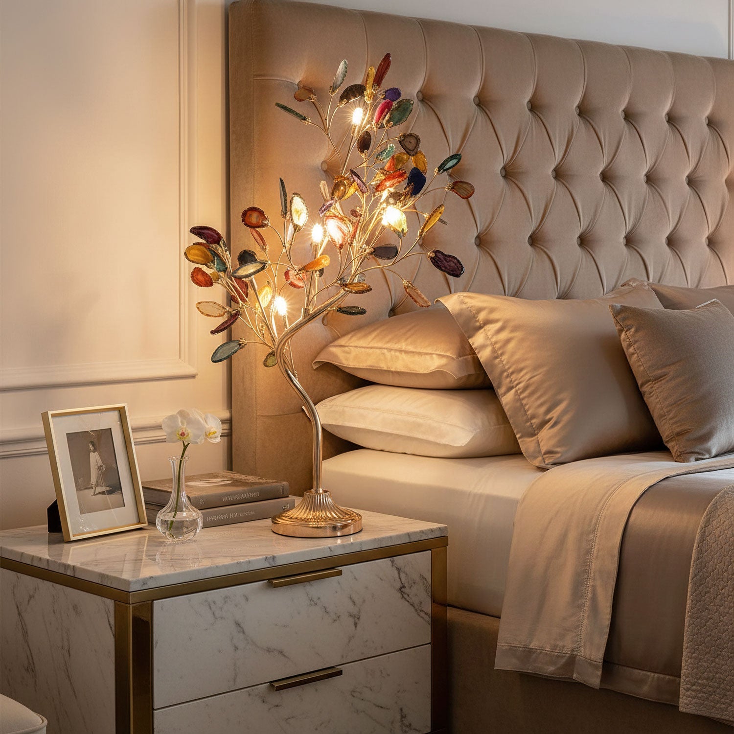Agaat Kroonluchter – Natuursteen Hanglamp met Rozégouden Frame voor Hoge Ruimtes – Ø 65 cm & Ø 85 cm | Sansoti