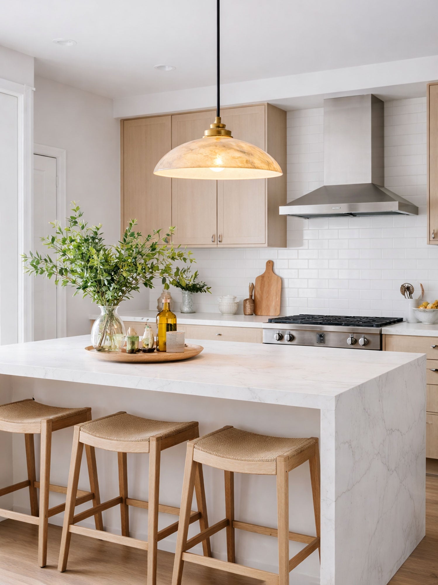 Koepelvormige Hanglamp Albast met Koperen Fitting – Ø30cm & Ø40cm – Natuursteen – Warme Uitstraling Eetkamer Keuken Woonkamer | Sansoti