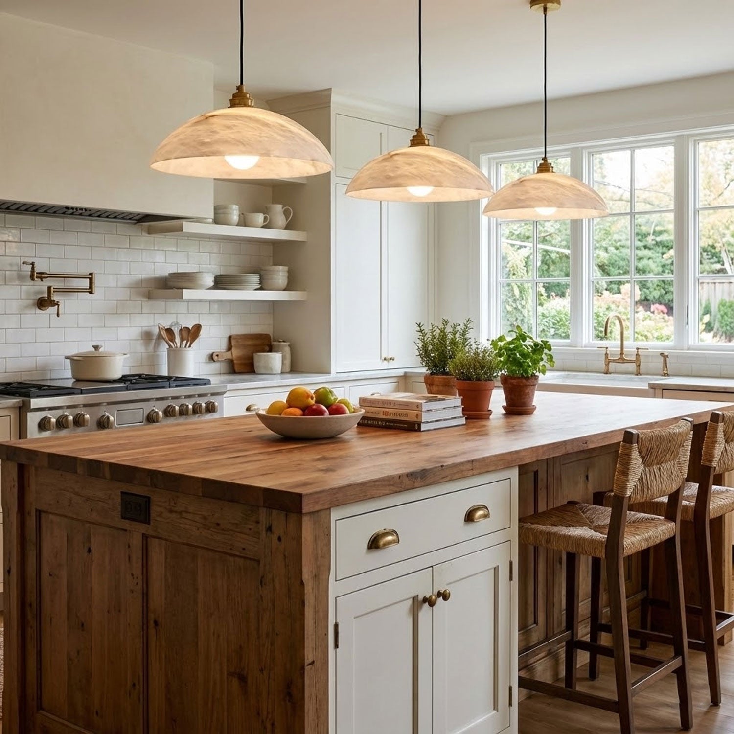Koepelvormige Hanglamp Albast met Koperen Fitting – Ø30cm & Ø40cm – Natuursteen – Warme Uitstraling Eetkamer Keuken Woonkamer | Sansoti