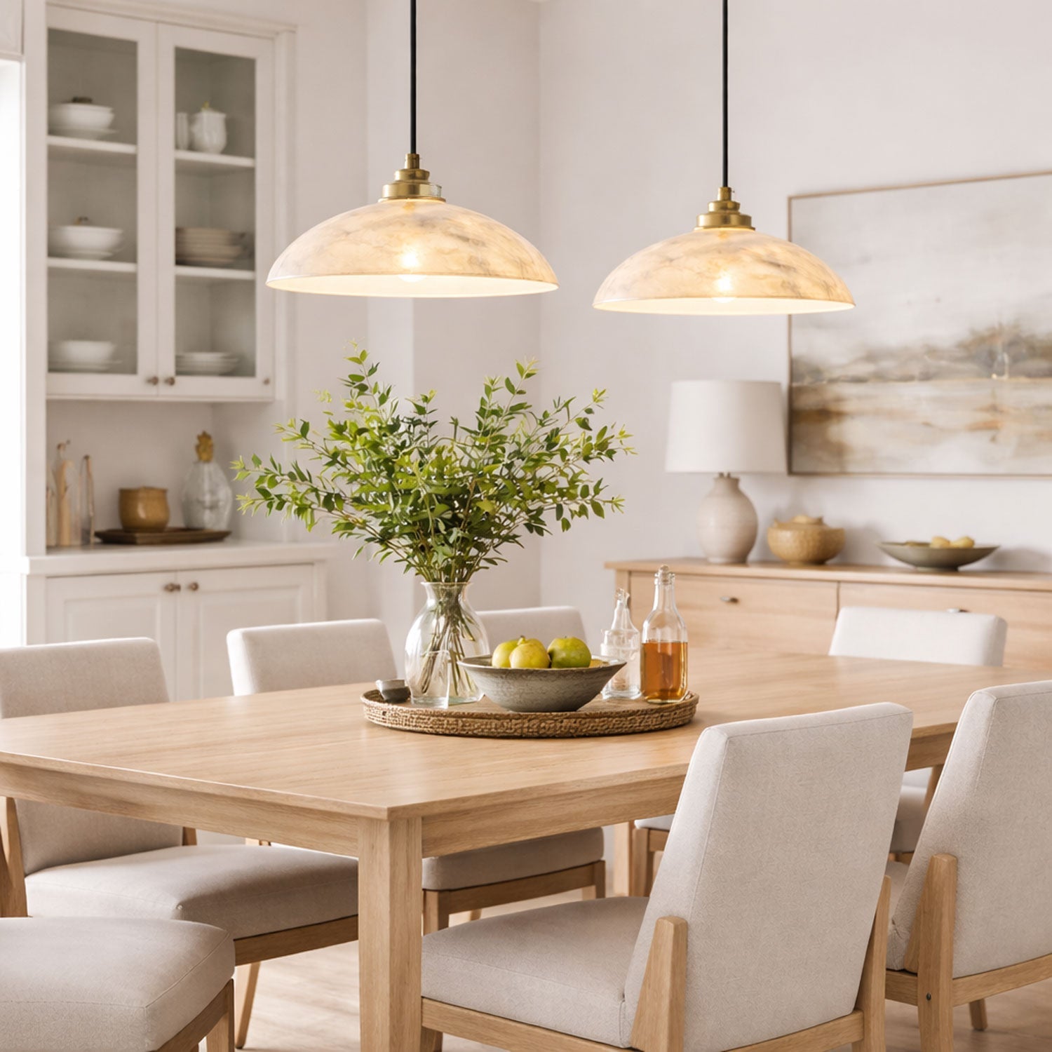 Koepelvormige Hanglamp Albast met Koperen Fitting – Ø30cm & Ø40cm – Natuursteen – Warme Uitstraling Eetkamer Keuken Woonkamer | Sansoti