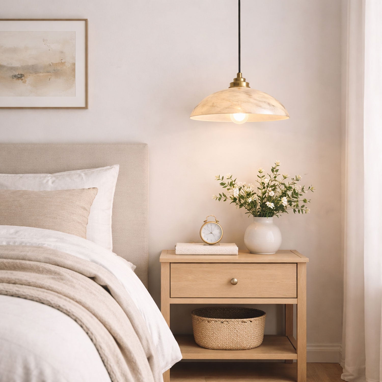 Koepelvormige Hanglamp Albast met Koperen Fitting – Ø30cm & Ø40cm – Natuursteen – Warme Uitstraling Eetkamer Keuken Woonkamer | Sansoti