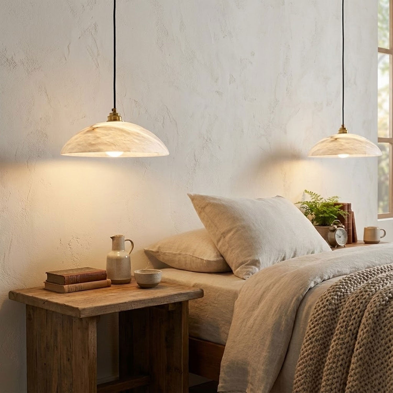 Koepelvormige Hanglamp Albast met Koperen Fitting – Ø30cm & Ø40cm – Natuursteen – Warme Uitstraling Eetkamer Keuken Woonkamer | Sansoti