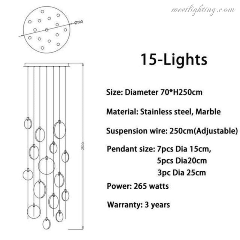Lustre pour cage d’escalier en albâtre et laiton Haut plafond Puits de lumière Suspension Plusieurs points lumineux Luxe | Sansoti