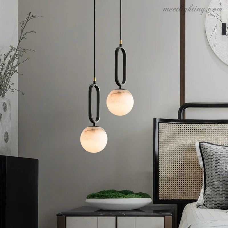 Suspension ovale en pierre naturelle blanc laiteux, lumière chaleureuse, salle à manger, salon, chambre, éclairage scandinave minimaliste | Sansoti