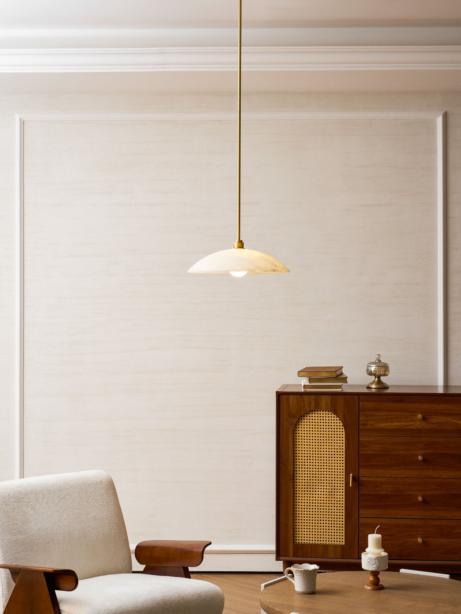Koepelvormige Hanglamp Albast met Koperen Fitting – Ø30cm & Ø40cm – Natuursteen – Warme Uitstraling Eetkamer Keuken Woonkamer | Sansoti