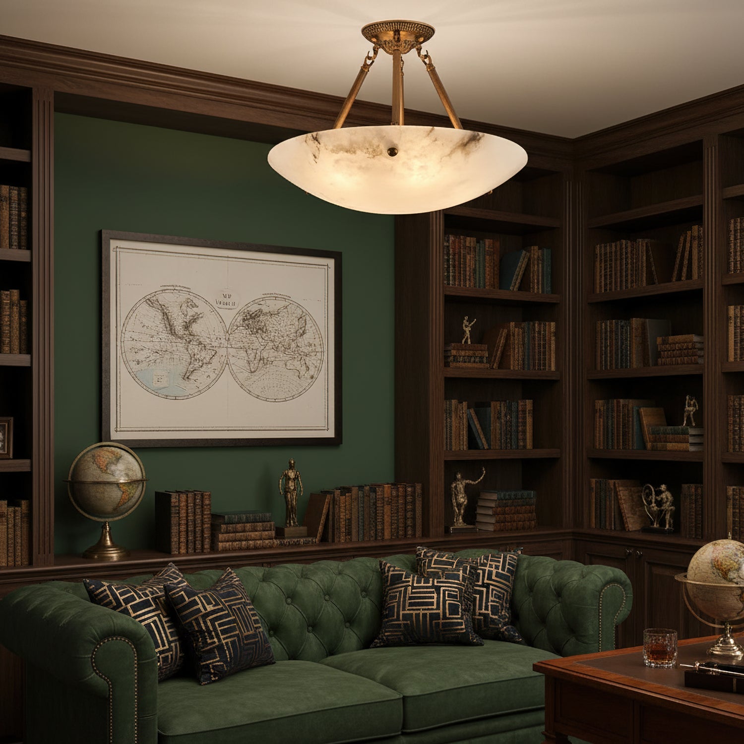 Alabaster Kom Plafondlamp – Antique Brass Montuur – 4, 5 of 6 Lichtpunten – Natuursteen Halfronde Kroonluchter voor Eetkamer Woonkamer Entree | Sansoti
