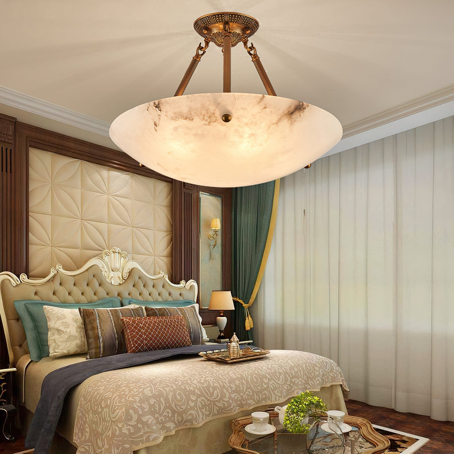 Alabaster Kom Plafondlamp – Antique Brass Montuur – 4, 5 of 6 Lichtpunten – Natuursteen Halfronde Kroonluchter voor Eetkamer Woonkamer Entree | Sansoti