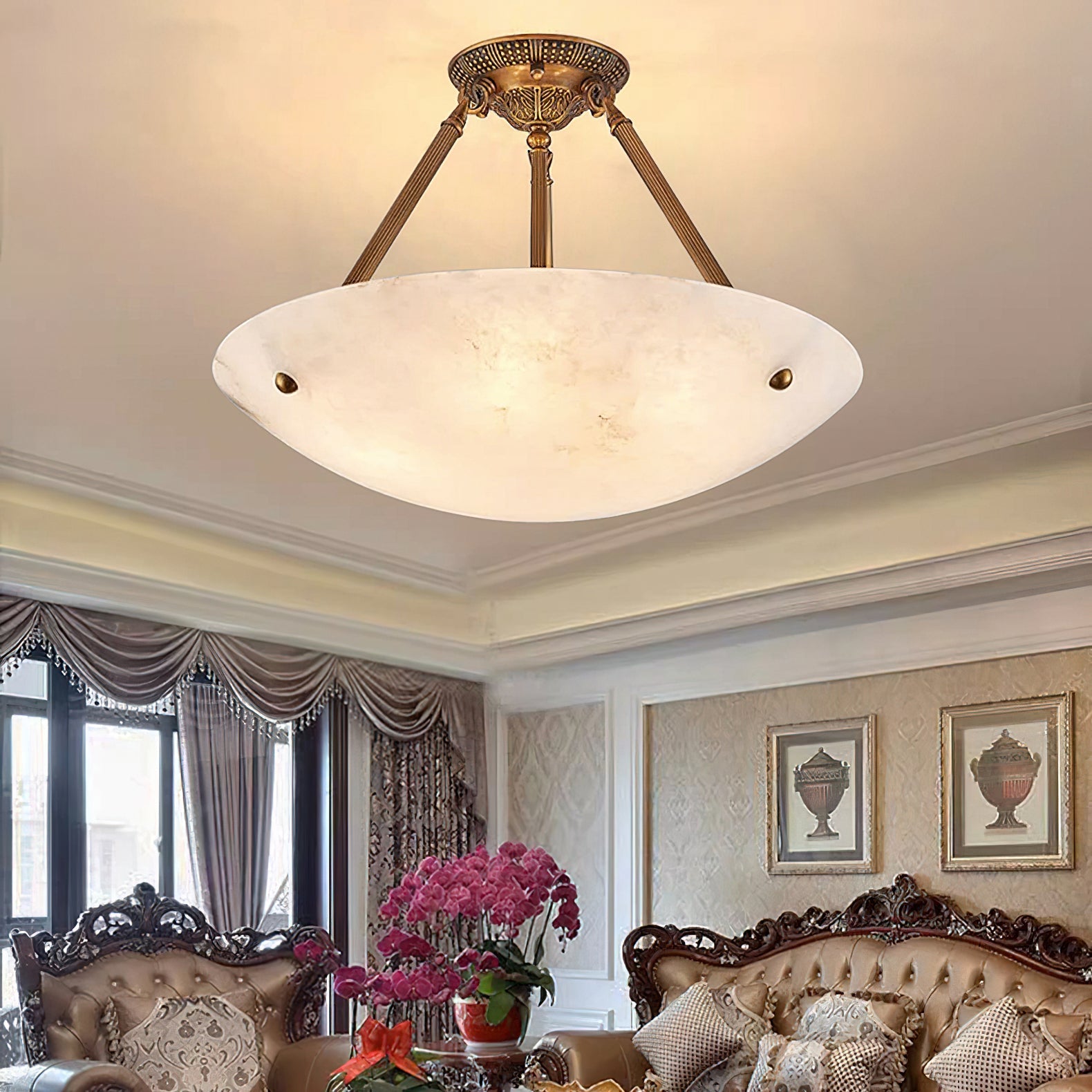 Alabaster Kom Plafondlamp – Antique Brass Montuur – 4, 5 of 6 Lichtpunten – Natuursteen Halfronde Kroonluchter voor Eetkamer Woonkamer Entree | Sansoti