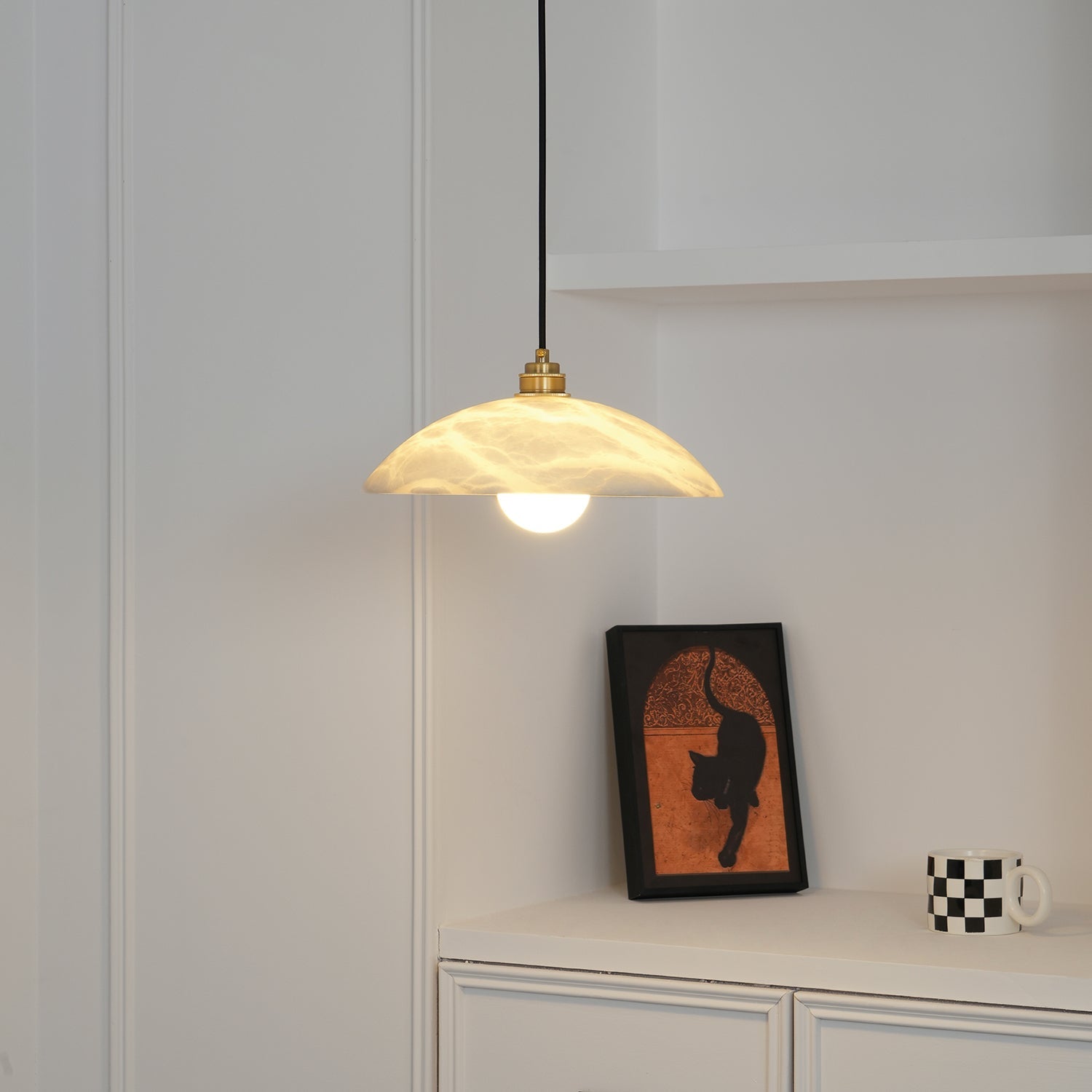 Koepelvormige Hanglamp Albast met Koperen Fitting – Ø30cm & Ø40cm – Natuursteen – Warme Uitstraling Eetkamer Keuken Woonkamer | Sansoti
