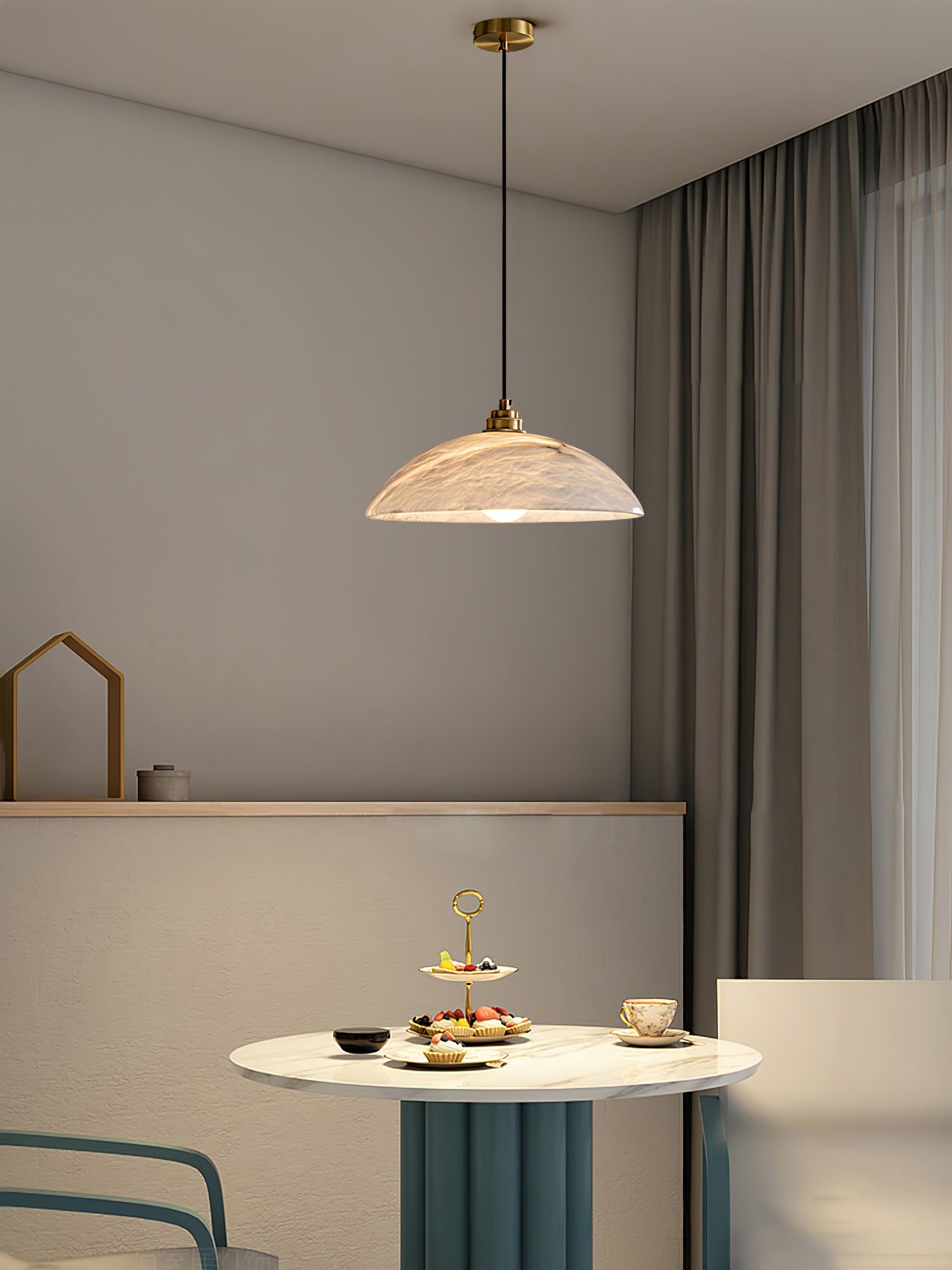 Koepelvormige Hanglamp Albast met Koperen Fitting – Ø30cm & Ø40cm – Natuursteen – Warme Uitstraling Eetkamer Keuken Woonkamer | Sansoti