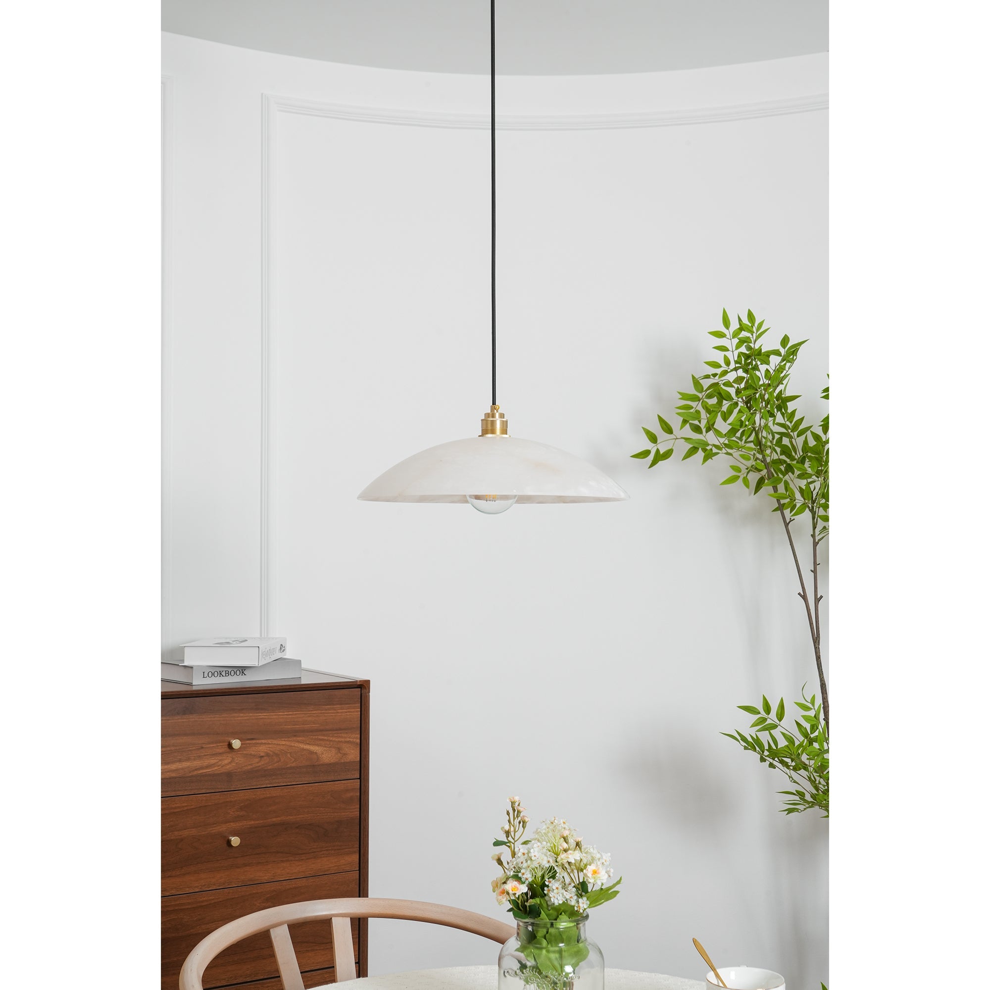 Koepelvormige Hanglamp Albast met Koperen Fitting – Ø30cm & Ø40cm – Natuursteen – Warme Uitstraling Eetkamer Keuken Woonkamer | Sansoti