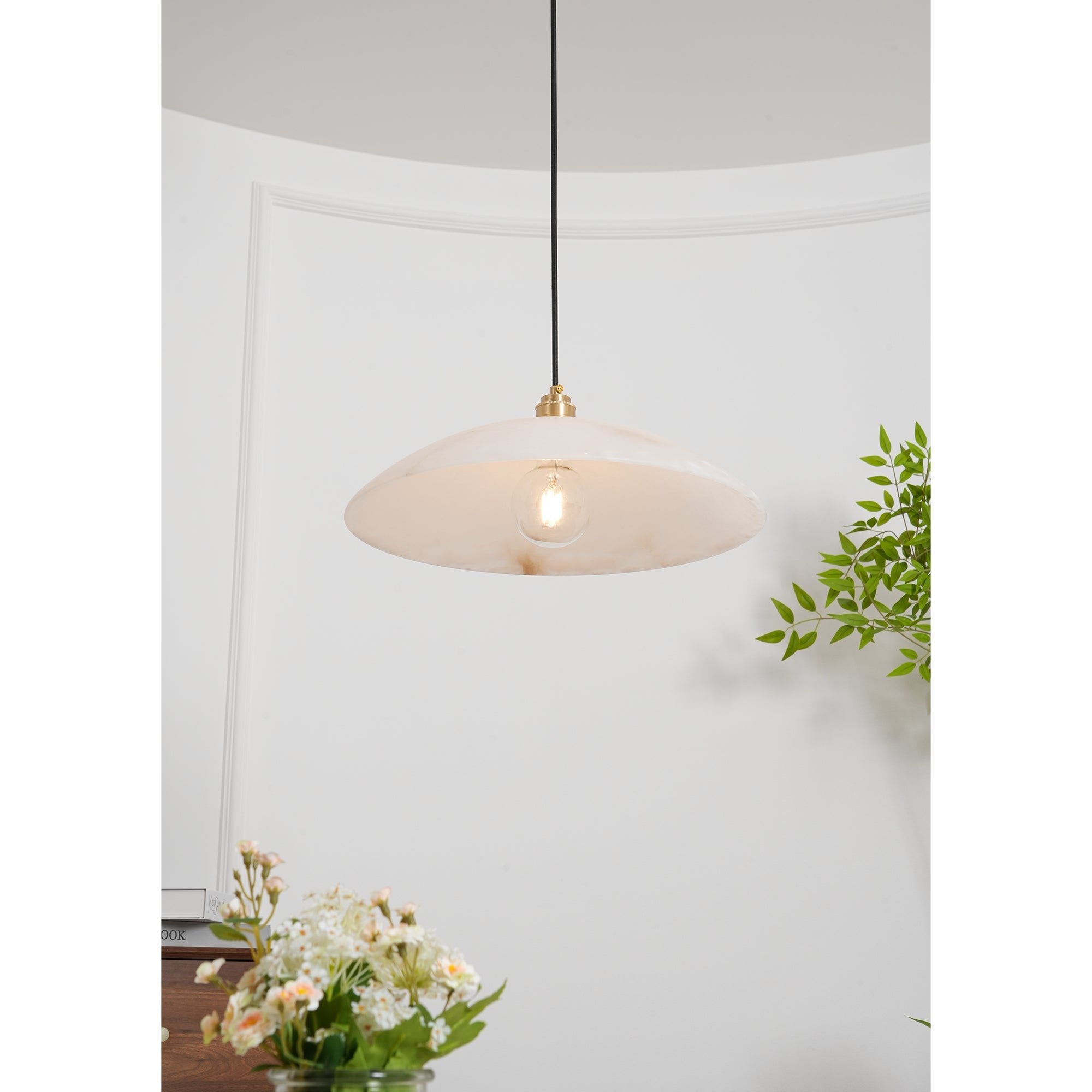 Koepelvormige Hanglamp Albast met Koperen Fitting – Ø30cm & Ø40cm – Natuursteen – Warme Uitstraling Eetkamer Keuken Woonkamer | Sansoti